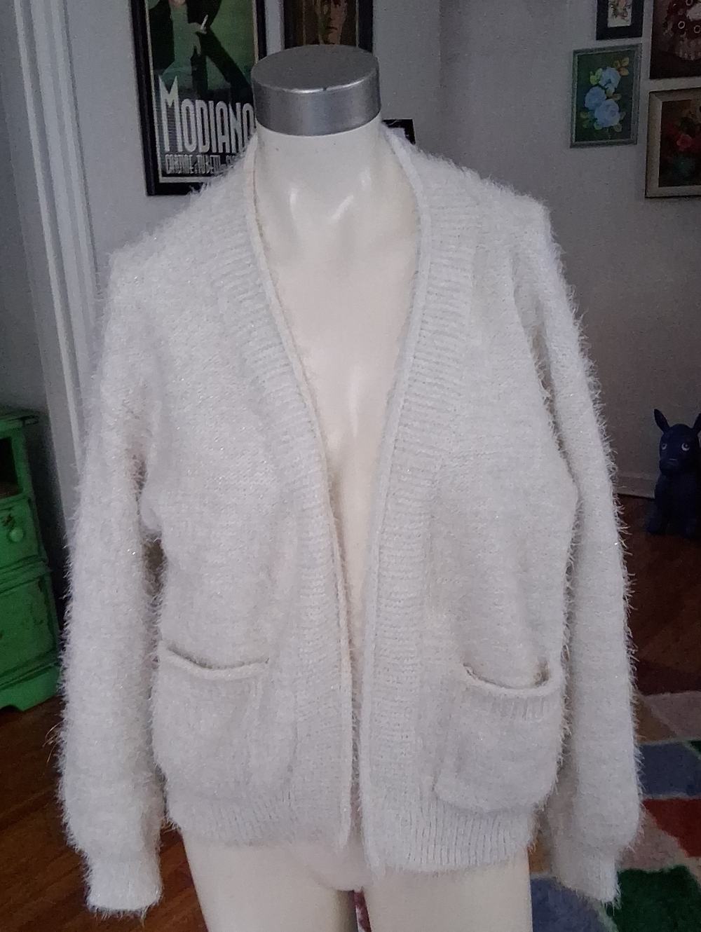 Hooked Up by IOT Cream Fuzzy Open-Front Pocket Cardigan